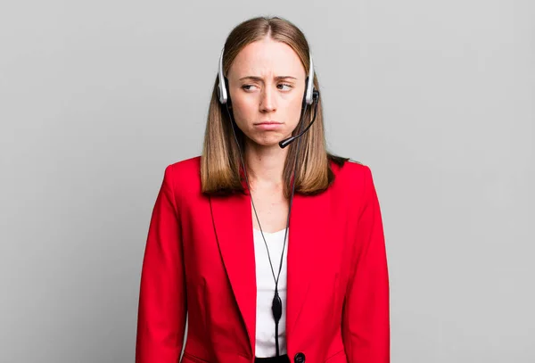 Feeling Sad Upset Angry Looking Side Telemarketer Concept — Stock Fotó
