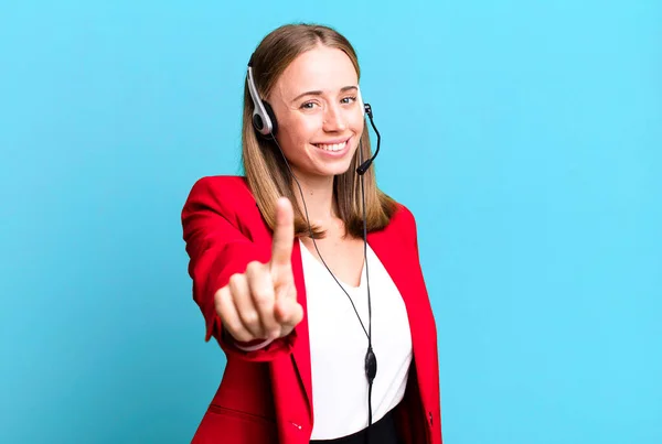 Smiling Proudly Confidently Making Number One Telemarketer Concept — Stock Photo, Image