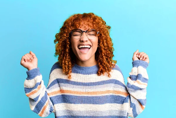 Redhair Pretty Woman Looking Extremely Happy Surprised Celebrating Success Shouting — Stockfoto