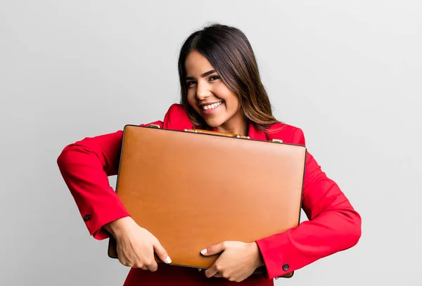 Hispanic Pretty Young Adult Woman Suit Case Banknotes — Stockfoto