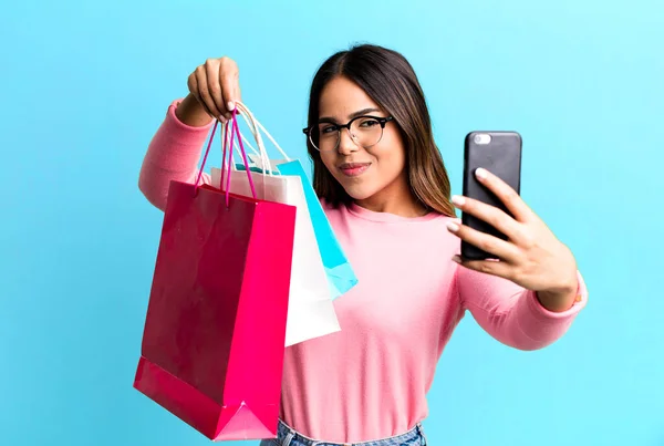 Hispanic Pretty Young Adult Woman Shopping Bags Her Smartphone Buy — Photo