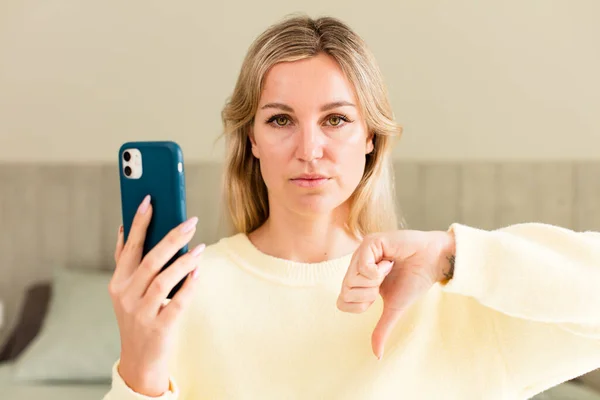 Pretty Young Woman Using Smartphone House Interior Design — Stock Photo, Image