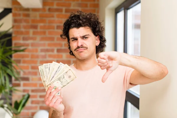 Young Handsome Man Dollar Banknotes Home Interior — Stock Photo, Image