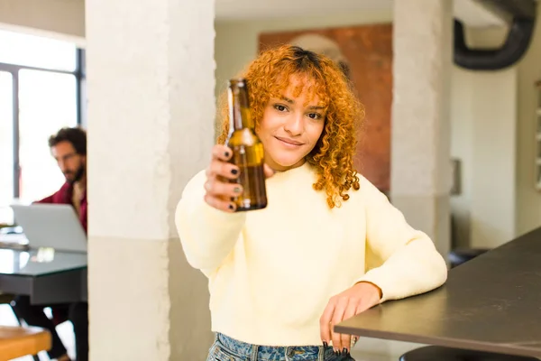 Young Red Hair Latin Pretty Woman Having Beer Home — Φωτογραφία Αρχείου
