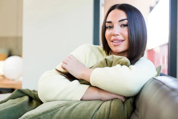 Young Pretty Woman Sitting Couch Home — Stockfoto