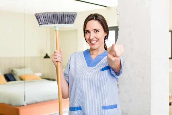 Young Pretty Woman Pointing Camera Choosing You Housekeeper Concept — Stock Photo, Image