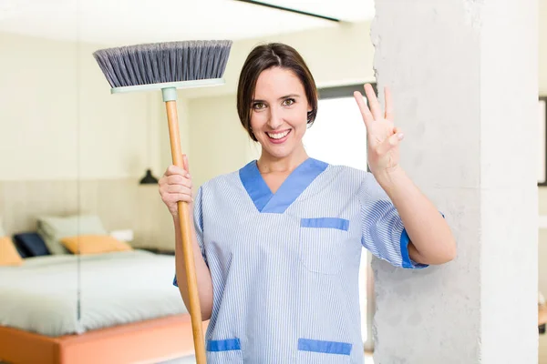 Young Pretty Woman Smiling Looking Friendly Showing Number Three Housekeeper — Foto de Stock
