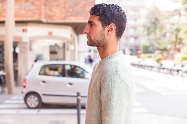 Young Hispanic Man Profile View Looking Copy Space Ahead Thinking — Stock Photo, Image