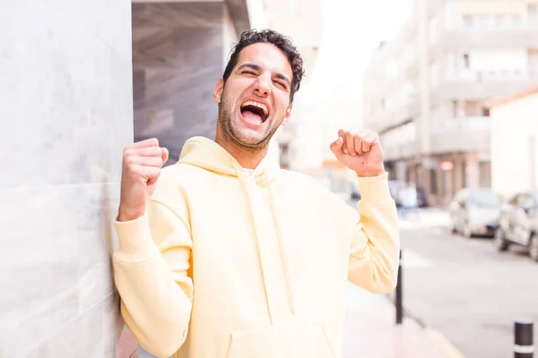 Young Hispanic Man Feeling Happy Positive Successful Celebrating Victory Achievements — Stock Photo, Image