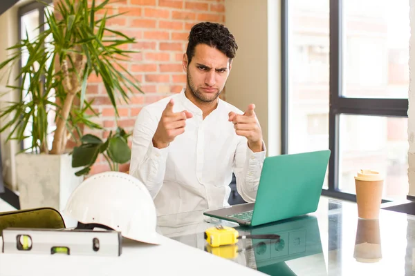 Young Hispanic Man Pointing Forward Camera Both Fingers Angry Expression — Stock Photo, Image