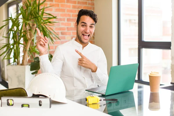 Young Hispanic Man Feeling Joyful Surprised Smiling Shocked Expression Pointing — Stock Photo, Image