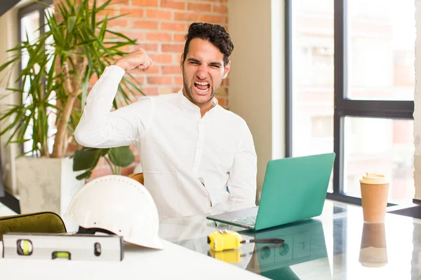 Young Hispanic Man Feeling Happy Satisfied Powerful Flexing Fit Muscular — Stock Photo, Image