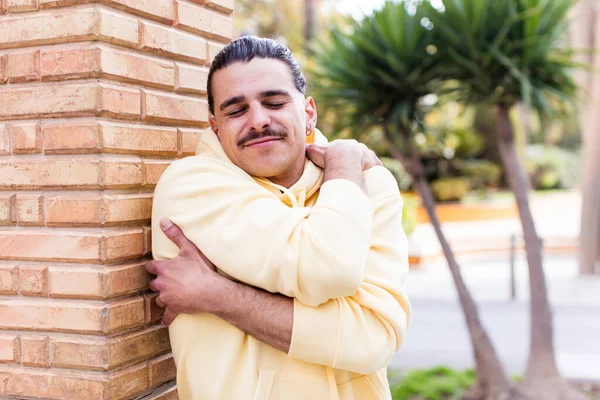 Young Cool Man Feeling Love Smiling Cuddling Hugging Self Staying — Stock Photo, Image