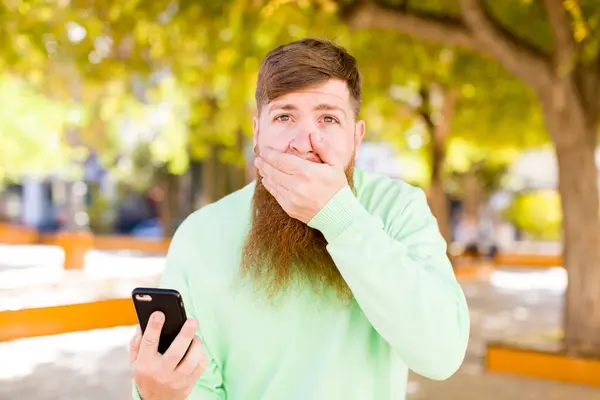 Young Adult Bearded Man Covering Mouth Hand Shocked Surprised Expression — Stock Photo, Image