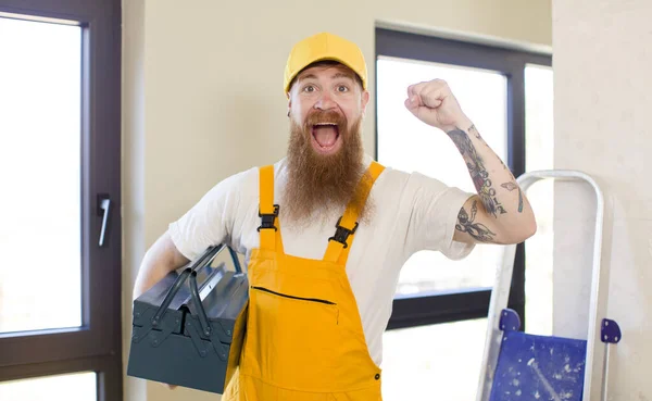 Red Hair Man Feeling Shocked Laughing Celebrating Success Repairing Home — Stock Photo, Image