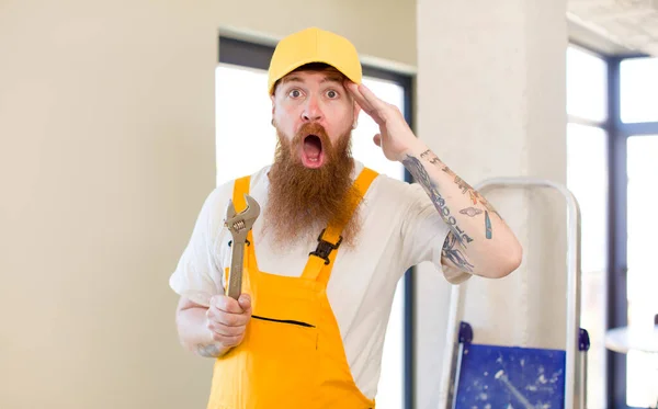 Red Hair Man Looking Happy Astonished Surprised Repairing Home Handyman — Stock Photo, Image