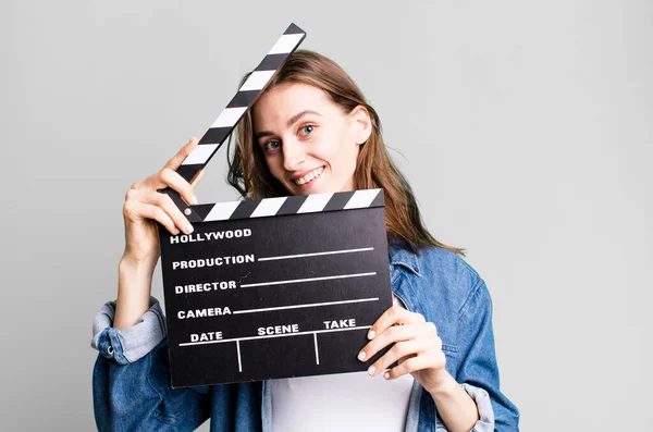 Young Pretty Woman Holding Clapper Cinema Board — Stock Photo, Image