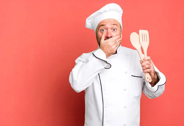 Middle Age Man Covering Mouth Hands Shocked Chef Tools Concept — Stock Photo, Image