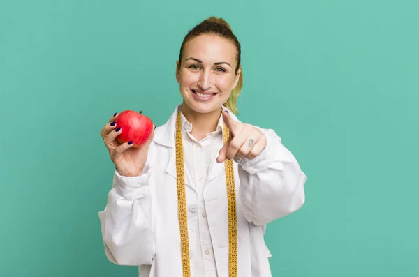 Young Pretty Woman Pointing Camera Choosing You Dietician Concept — Stock Photo, Image