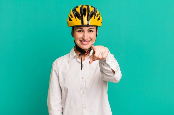 Young Pretty Woman Pointing Camera Choosing You Business Bike Concept — Stock Photo, Image