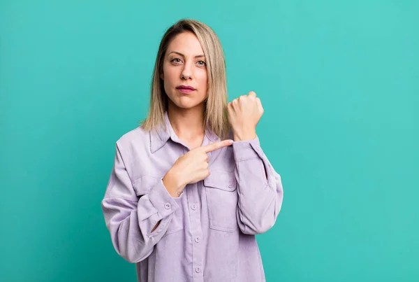 Blonde Adult Woman Looking Impatient Angry Pointing Watch Asking Punctuality — Stock Photo, Image