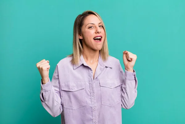 Blonde Adult Woman Feeling Happy Surprised Proud Shouting Celebrating Success — Stockfoto
