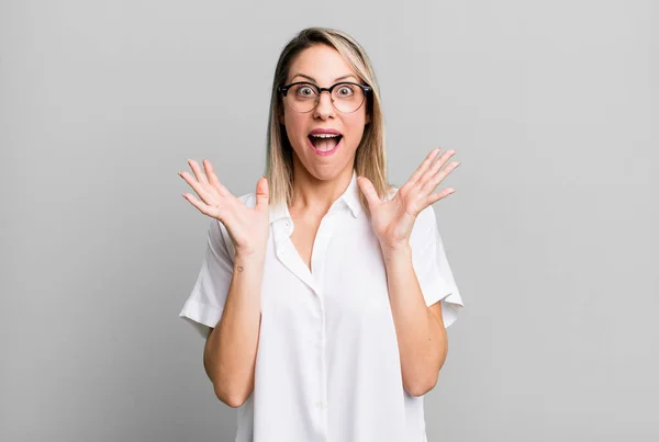 Blonde Adult Woman Feeling Shocked Excited Laughing Amazed Happy Because — Fotografia de Stock