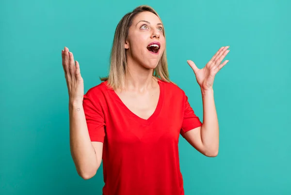 Blonde Adult Woman Feeling Happy Amazed Lucky Surprised Celebrating Victory — Foto Stock
