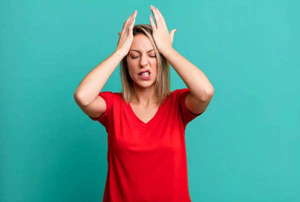 Blonde Adult Woman Feeling Stressed Anxious Depressed Frustrated Headache Raising — Stock Photo, Image