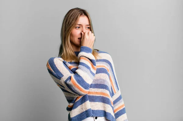 Blonde Pretty Woman Feeling Disgusted Holding Nose Avoid Smelling Foul — Stock Photo, Image