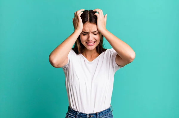 Pretty Young Adult Woman Feeling Stressed Anxious Depressed Frustrated Headache — Stock Photo, Image