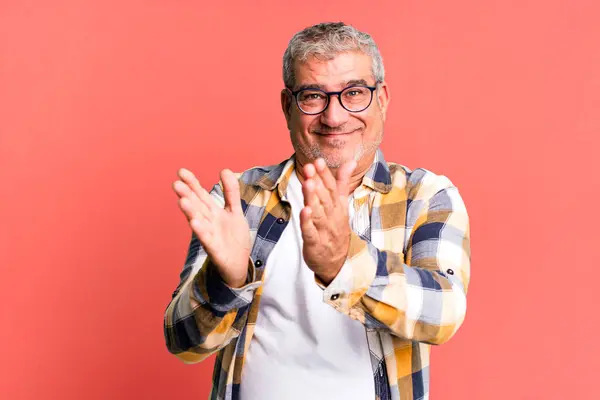 Middle Age Senior Man Feeling Happy Successful Smiling Clapping Hands — Stock Photo, Image