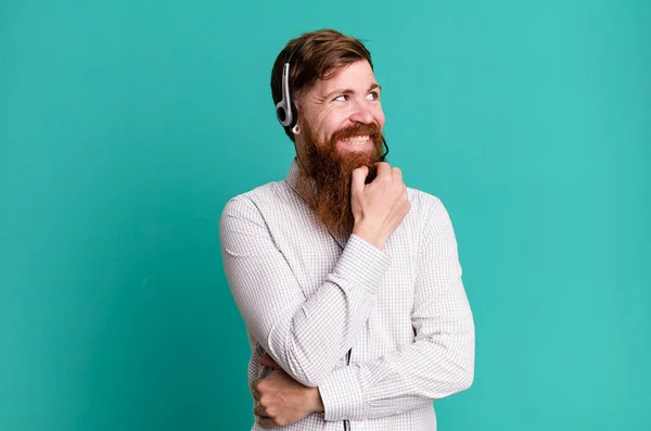 Long Beard Man Smiling Happy Confident Expression Hand Chin Telemarketer — Stock Photo, Image