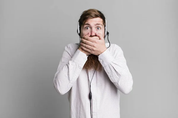 Long Beard Man Covering Mouth Hands Shocked Telemarketer Agent Concept — Stock Photo, Image