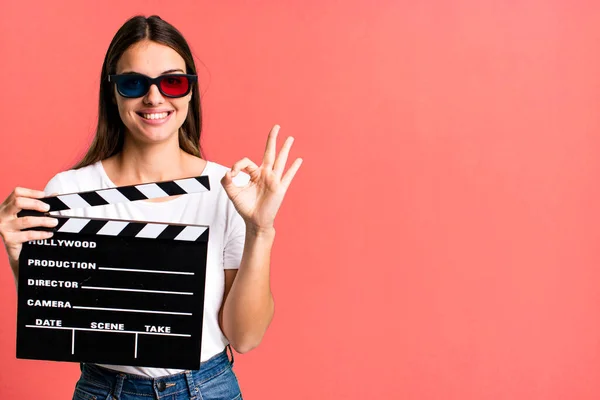 Young Pretty Woman Feeling Happy Showing Approval Okay Gesture Cinema — Stock Photo, Image