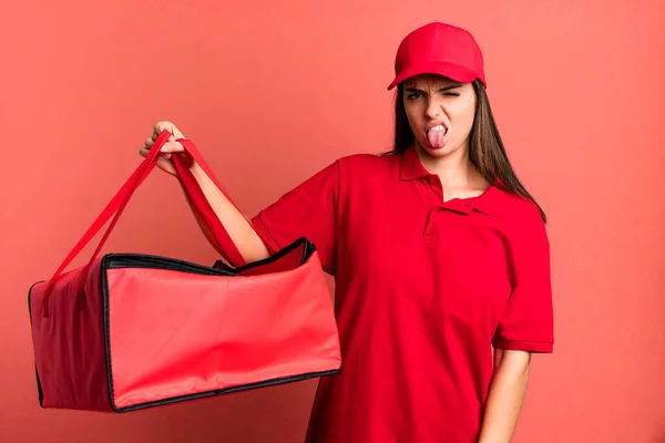 Young Pretty Woman Feeling Disgusted Irritated Tongue Out Pizza Delivery — Stockfoto