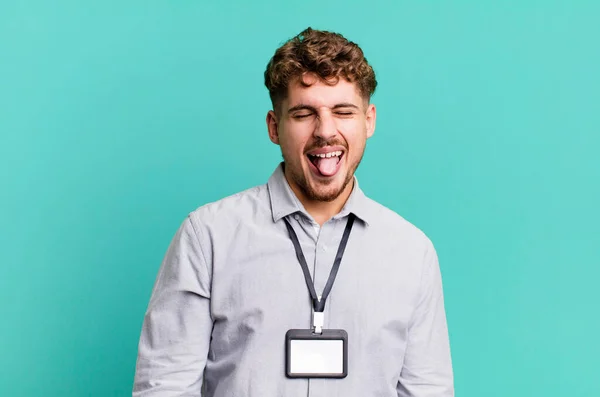 Young Adult Caucasian Man Cheerful Rebellious Attitude Joking Sticking Tongue — Stock Photo, Image