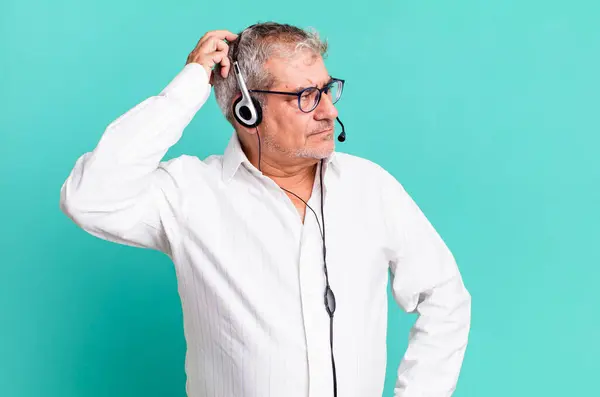 Middle Age Senior Man Smiling Happily Daydreaming Doubting Telemarketer Client — Stock Photo, Image