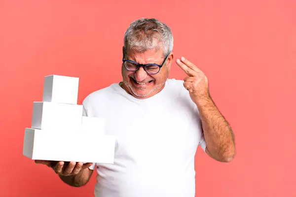 Middle Age Senior Man Looking Unhappy Stressed Suicide Gesture Making — Stock Photo, Image