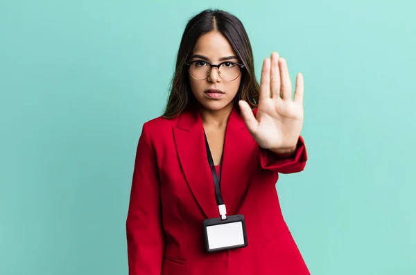 Hispanic Pretty Woman Looking Serious Showing Open Palm Making Stop — Stock Photo, Image