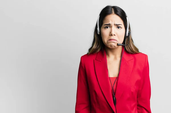 Hispanic Pretty Woman Feeling Sad Whiney Unhappy Look Crying Telemarketing — Stock Photo, Image