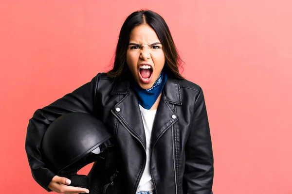 Hispanic Pretty Woman Shouting Aggressively Looking Very Angry Motorbike Rider — Stock Photo, Image