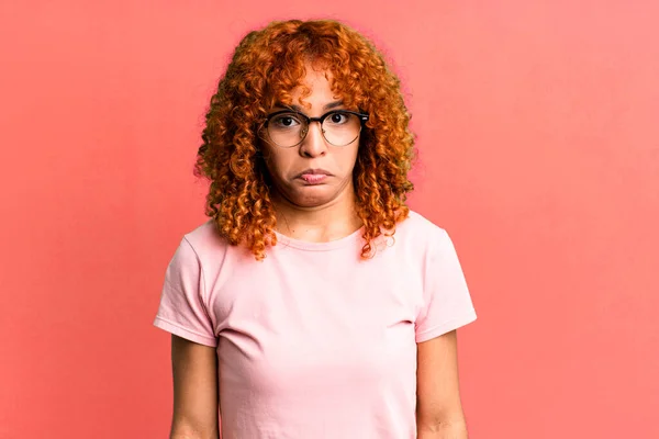 Redhair Pretty Woman Feeling Sad Stressed Upset Because Bad Surprise — Stock Photo, Image