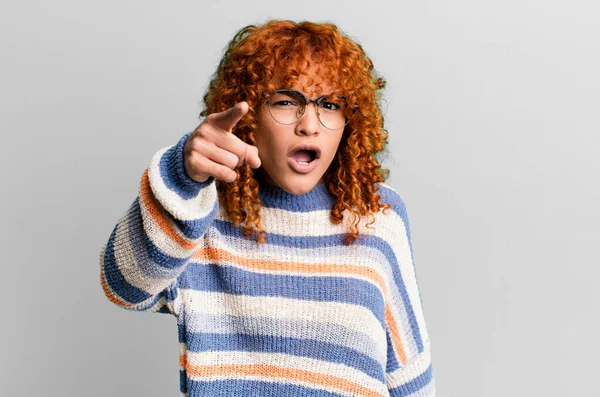 Redhair Pretty Woman Pointing Camera Angry Aggressive Expression Looking Furious — Stock Photo, Image