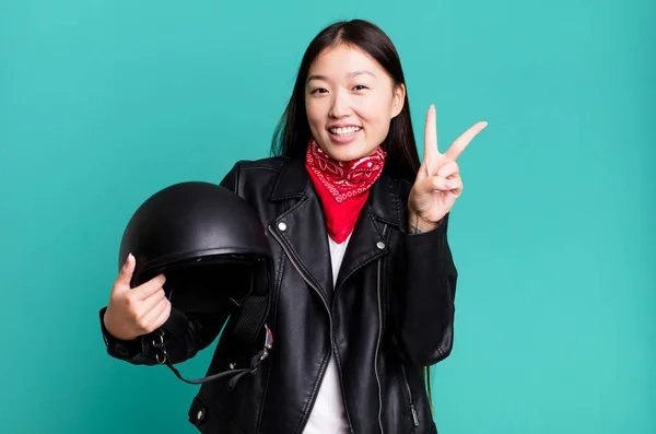 Young Adult Pretty Asian Woman Motorbike Rider Leather Jacket Helmet — Foto Stock