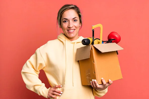 Pretty Blonde Woman Smiling Happily Hand Hip Confident Tool Box — Stock Photo, Image