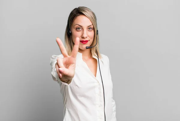 Pretty Blonde Woman Smiling Looking Friendly Showing Number Two Telemarketer — Stock Photo, Image
