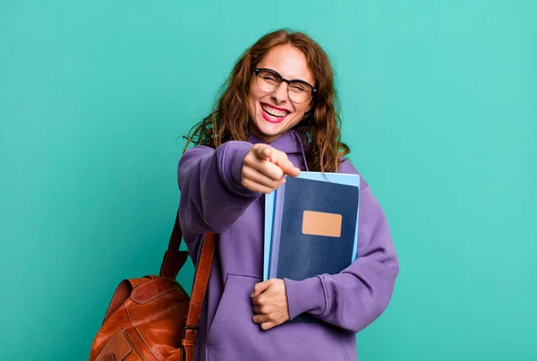 Hispanic Pretty Woman Pointing Camera Choosing You University Student Concept — Zdjęcie stockowe