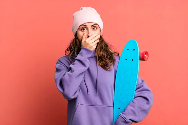Hispanic Pretty Woman Covering Mouth Hands Shocked Skate Boarding Concept — Foto de Stock