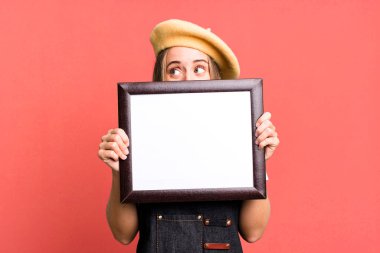 prety caucasian woman with a copy space. painter artist concept